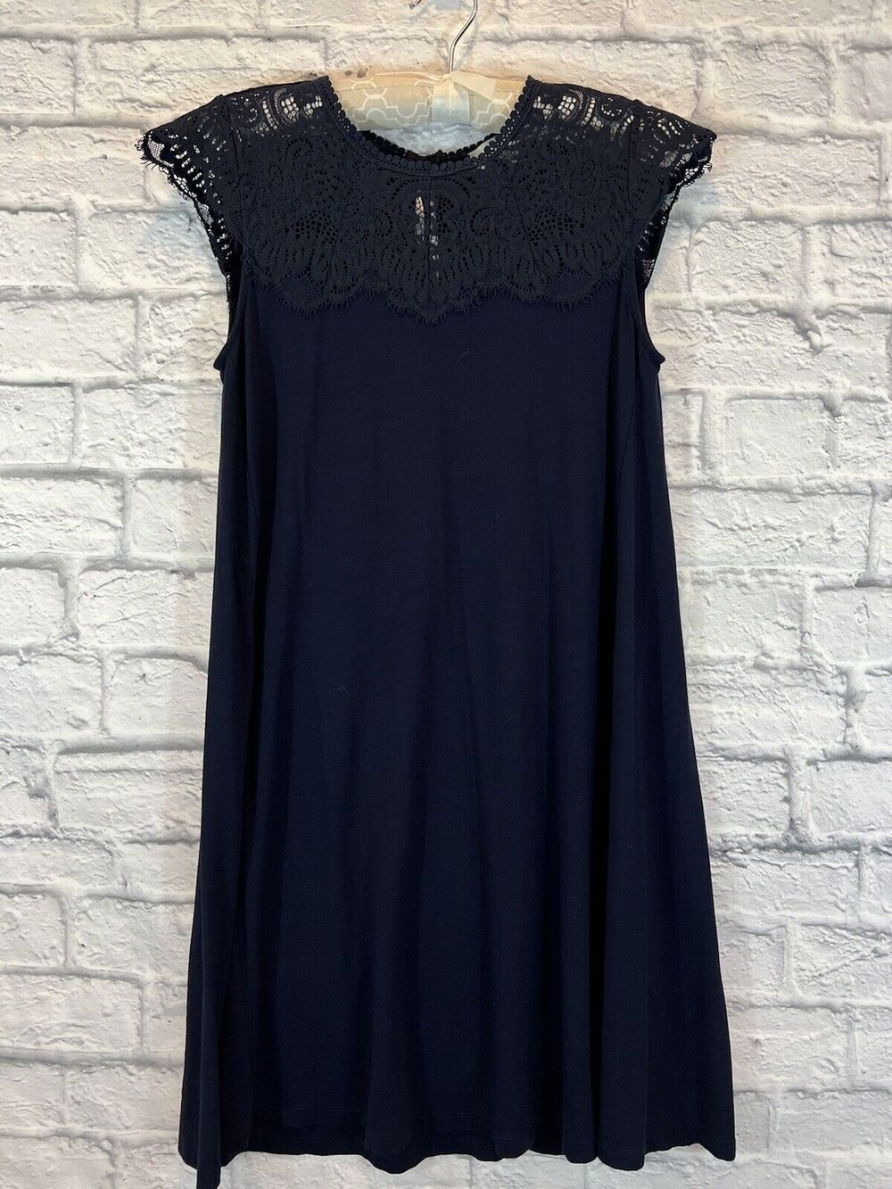 Loft Dress Navy Petite XS Lace Detail A-line Swing Trapeze Cap Sleeve A595